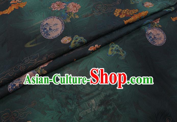 Chinese Classical Flowers Pattern Dark Green Gambiered Guangdong Silk Fabric Traditional Cheongsam Watered Gauze Chinese Classical Flowers Pattern Dark Green Gambiered Guangdong Silk Fabric Traditional Cheongsam Watered Gauze