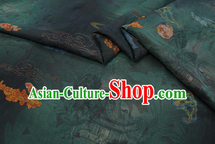 Chinese Classical Flowers Pattern Dark Green Gambiered Guangdong Silk Fabric Traditional Cheongsam Watered Gauze Chinese Classical Flowers Pattern Dark Green Gambiered Guangdong Silk Fabric Traditional Cheongsam Watered Gauze