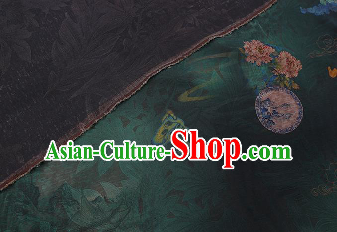 Chinese Classical Flowers Pattern Dark Green Gambiered Guangdong Silk Fabric Traditional Cheongsam Watered Gauze Chinese Classical Flowers Pattern Dark Green Gambiered Guangdong Silk Fabric Traditional Cheongsam Watered Gauze