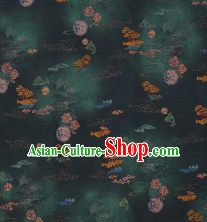 Chinese Classical Flowers Pattern Dark Green Gambiered Guangdong Silk Fabric Traditional Cheongsam Watered Gauze Chinese Classical Flowers Pattern Dark Green Gambiered Guangdong Silk Fabric Traditional Cheongsam Watered Gauze