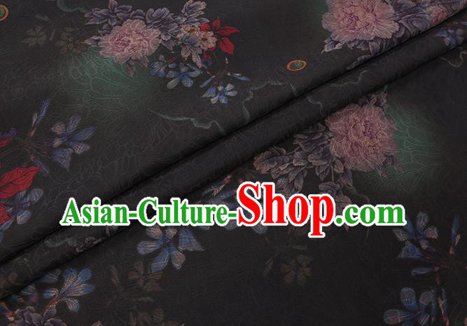 Chinese Traditional Cheongsam Watered Gauze Classical Flowers Pattern Black Gambiered Guangdong Silk Fabric Chinese Traditional Cheongsam Watered Gauze Classical Flowers Pattern Black Gambiered Guangdong Silk Fabric