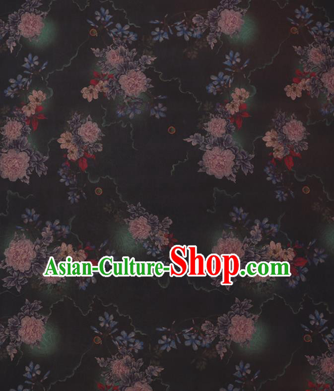 Chinese Traditional Cheongsam Watered Gauze Classical Flowers Pattern Black Gambiered Guangdong Silk Fabric Chinese Traditional Cheongsam Watered Gauze Classical Flowers Pattern Black Gambiered Guangdong Silk Fabric