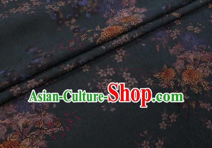 Chinese Traditional Cheongsam Gambiered Guangdong Watered Gauze Classical Chrysanthemum Pattern Dark Green Silk Fabric Chinese Traditional Cheongsam Gambiered Guangdong Watered Gauze Classical Chrysanthemum Pattern Dark Green Silk Fabric