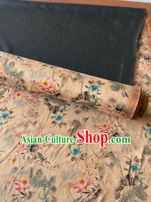 Chinese Classical Ink Lotus Pattern Gambiered Guangdong Gauze Traditional Cheongsam Beige Silk Fabric Chinese Classical Ink Lotus Pattern Gambiered Guangdong Gauze Traditional Cheongsam Beige Silk Fabric