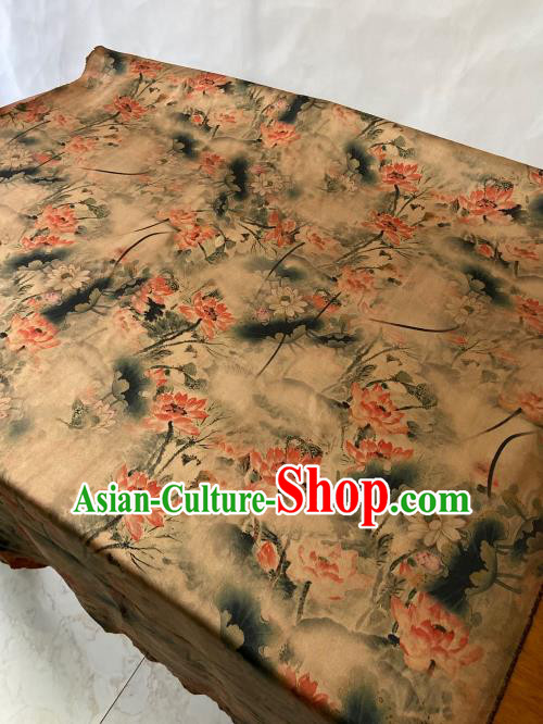 Chinese Classical Lotus Pattern Gambiered Guangdong Silk Traditional Watered Gauze Cheongsam Yellow Satin Fabric Chinese Classical Lotus Pattern Gambiered Guangdong Silk Traditional Watered Gauze Cheongsam Yellow Satin Fabric