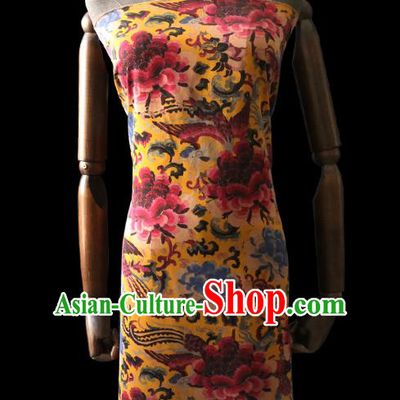 Chinese Classical Phoenix Peony Pattern Gambiered Guangdong Silk Traditional Cheongsam Yellow Satin Fabric Watered Gauze
