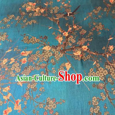 Chinese Classical Plum Blossom Pattern Gambiered Guangdong Silk Traditional Cheongsam Blue Watered Gauze Fabric