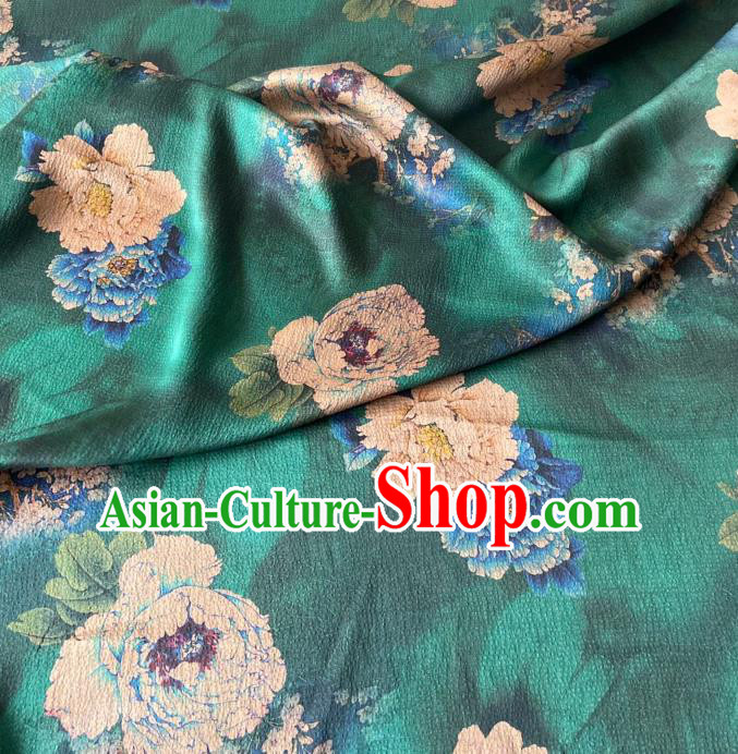 Chinese Classical Plum Peony Pattern Gambiered Guangdong Silk Traditional Cheongsam Green Watered Gauze Fabric Chinese Classical Plum Peony Pattern Gambiered Guangdong Silk Traditional Cheongsam Green Watered Gauze Fabric