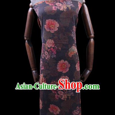 Chinese Cheongsam Damask Traditional Gambiered Guangdong Gauze Cloth Fabric Classical Peony Pattern Brown Silk Drapery