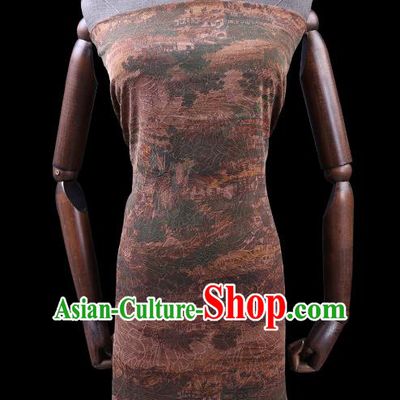Chinese Cheongsam Brown Damask Traditional Gambiered Guangdong Gauze Cloth Fabric Classical Riverside Scene at Qingming Festival Pattern Silk Drapery