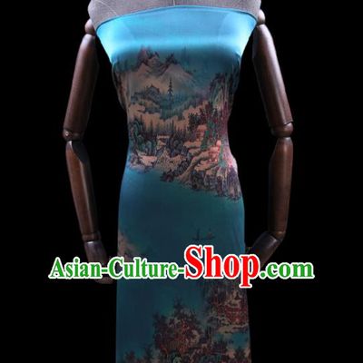 China Traditional Cheongsam Cloth Classical Printing Silk Fabric Blue Satin