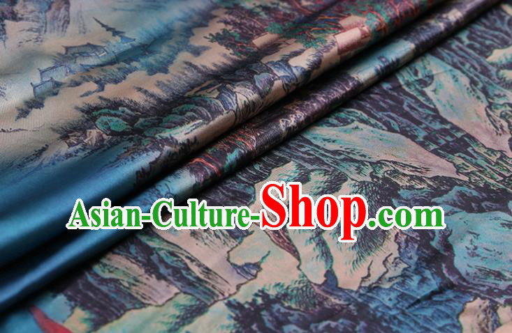 China Traditional Cheongsam Cloth Classical Printing Silk Fabric Blue Satin China Traditional Cheongsam Cloth Classical Printing Silk Fabric Blue Satin