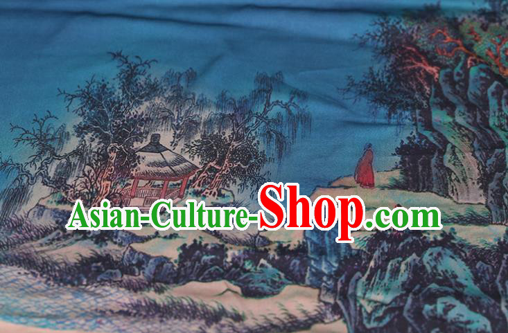 China Traditional Cheongsam Cloth Classical Printing Silk Fabric Blue Satin China Traditional Cheongsam Cloth Classical Printing Silk Fabric Blue Satin
