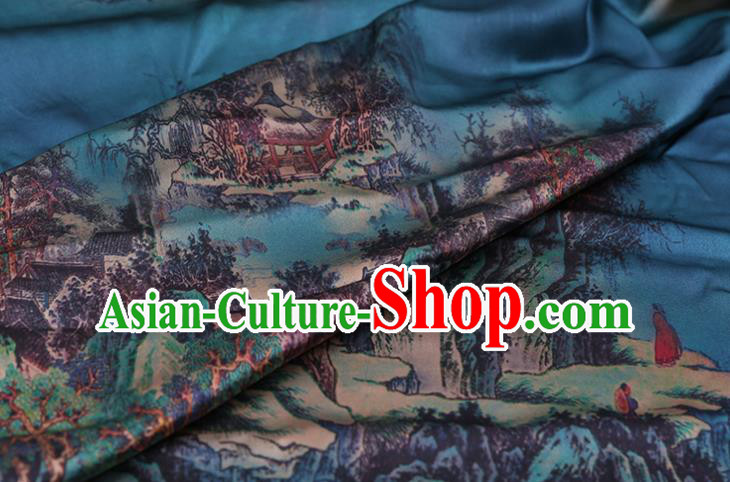 China Traditional Cheongsam Cloth Classical Printing Silk Fabric Blue Satin China Traditional Cheongsam Cloth Classical Printing Silk Fabric Blue Satin