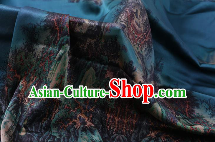 China Traditional Cheongsam Cloth Classical Printing Silk Fabric Blue Satin China Traditional Cheongsam Cloth Classical Printing Silk Fabric Blue Satin