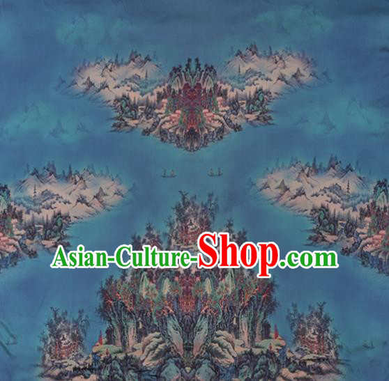 China Traditional Cheongsam Cloth Classical Printing Silk Fabric Blue Satin China Traditional Cheongsam Cloth Classical Printing Silk Fabric Blue Satin