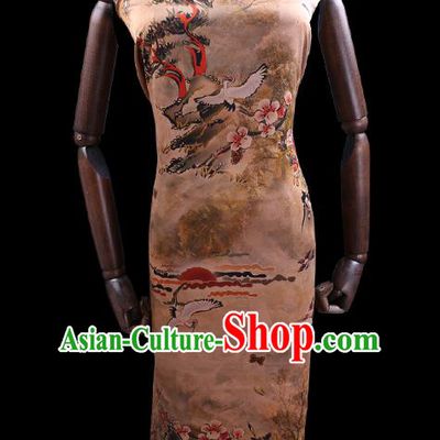 Chinese Classical Plum Crane Pattern Silk Drapery Traditional Gambiered Guangdong Gauze Cheongsam Ginger Damask Cloth Fabric