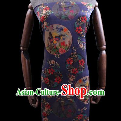 Chinese Traditional Satin Cloth Gambiered Guangdong Gauze Cheongsam Fabric Classical Flowers Bird Pattern Navy Blue Silk Drapery