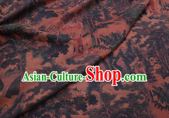 Chinese Traditional Brown Gambiered Guangdong Gauze Cheongsam Fabric Classical Landscape Pattern Silk Drapery Chinese Traditional Brown Gambiered Guangdong Gauze Cheongsam Fabric Classical Landscape Pattern Silk Drapery