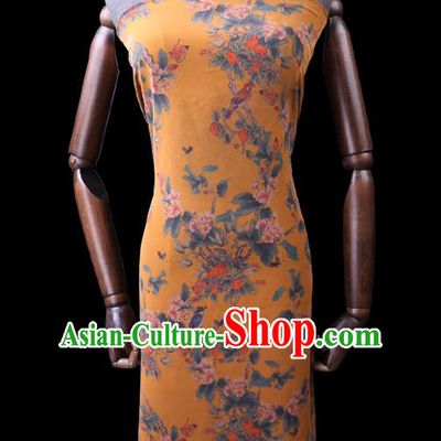 Chinese Classical Begonia Birds Pattern Silk Drapery Gambiered Guangdong Gauze Traditional Cheongsam Yellow Fabric