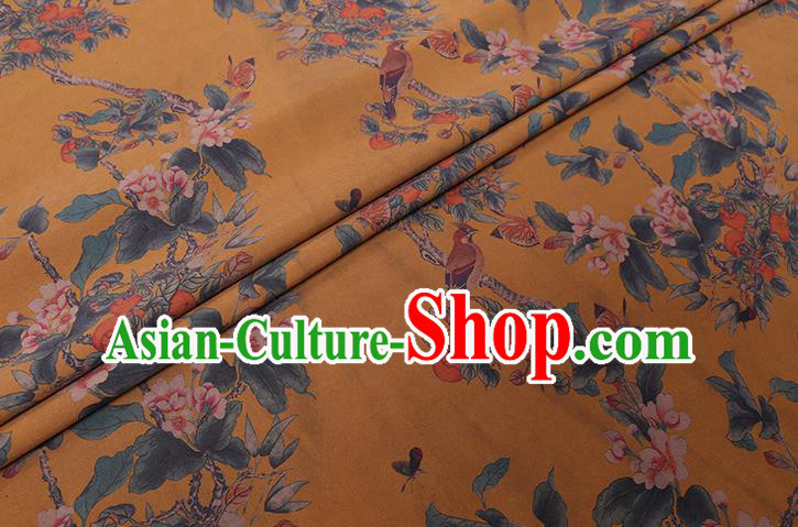 Chinese Classical Begonia Birds Pattern Silk Drapery Gambiered Guangdong Gauze Traditional Cheongsam Yellow Fabric