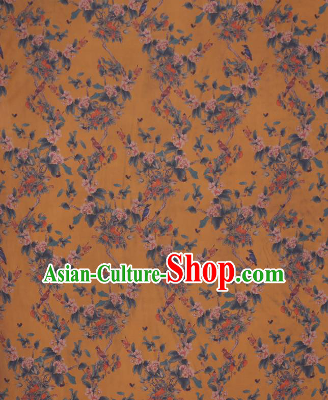 Chinese Classical Begonia Birds Pattern Silk Drapery Gambiered Guangdong Gauze Traditional Cheongsam Yellow Fabric