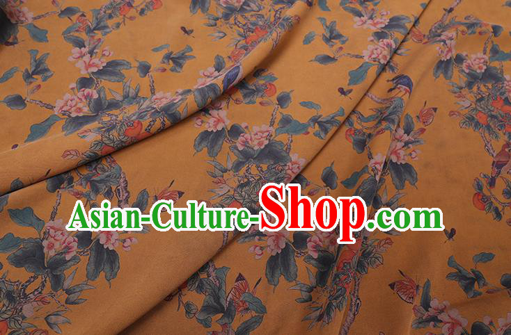 Chinese Classical Begonia Birds Pattern Silk Drapery Gambiered Guangdong Gauze Traditional Cheongsam Yellow Fabric