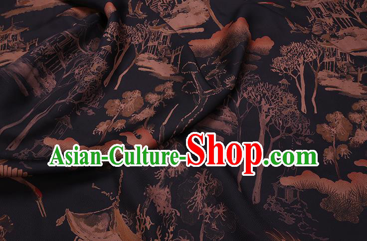 Chinese Classical Landscape Pattern Black Silk Drapery Traditional Cheongsam Silk Fabric Gambiered Guangdong Gauze Chinese Classical Landscape Pattern Black Silk Drapery Traditional Cheongsam Silk Fabric Gambiered Guangdong Gauze
