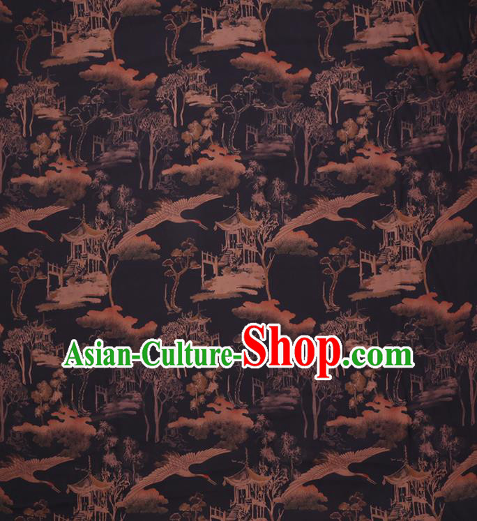 Chinese Classical Landscape Pattern Black Silk Drapery Traditional Cheongsam Silk Fabric Gambiered Guangdong Gauze Chinese Classical Landscape Pattern Black Silk Drapery Traditional Cheongsam Silk Fabric Gambiered Guangdong Gauze