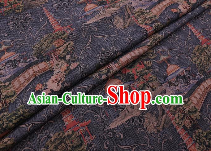 Chinese Classical Pagoda Pattern Silk Drapery Traditional Cheongsam Gambiered Guangdong Gauze Grey Silk Fabric Chinese Classical Pagoda Pattern Silk Drapery Traditional Cheongsam Gambiered Guangdong Gauze Grey Silk Fabric