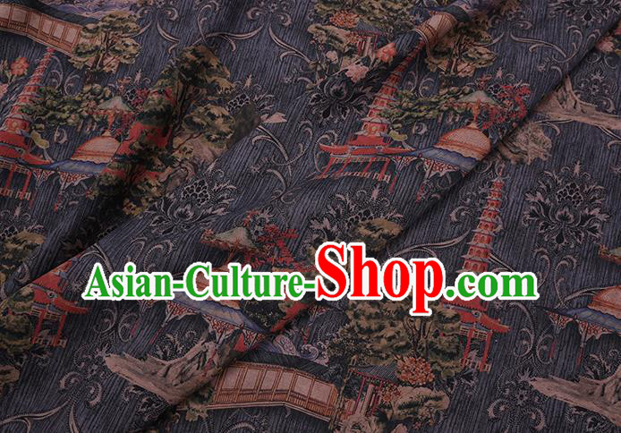 Chinese Classical Pagoda Pattern Silk Drapery Traditional Cheongsam Gambiered Guangdong Gauze Grey Silk Fabric Chinese Classical Pagoda Pattern Silk Drapery Traditional Cheongsam Gambiered Guangdong Gauze Grey Silk Fabric