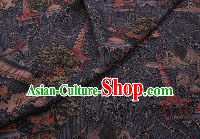 Chinese Classical Pagoda Pattern Silk Drapery Traditional Cheongsam Gambiered Guangdong Gauze Grey Silk Fabric Chinese Classical Pagoda Pattern Silk Drapery Traditional Cheongsam Gambiered Guangdong Gauze Grey Silk Fabric