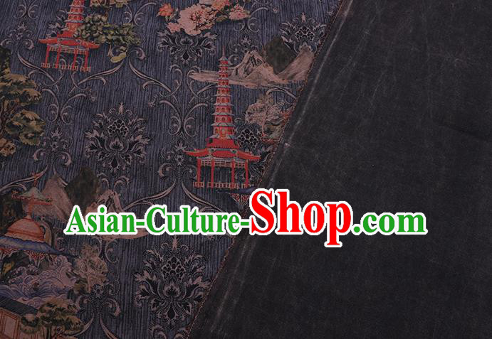 Chinese Classical Pagoda Pattern Silk Drapery Traditional Cheongsam Gambiered Guangdong Gauze Grey Silk Fabric Chinese Classical Pagoda Pattern Silk Drapery Traditional Cheongsam Gambiered Guangdong Gauze Grey Silk Fabric