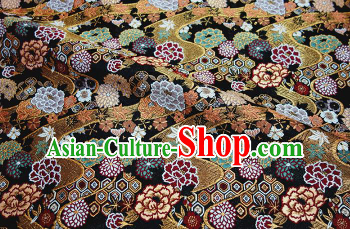 Asian Traditional Peony Chrysanthemum Pattern Design Brocade Japanese Kimono Fabric Nishijin Black Tapestry Satin Asian Traditional Peony Chrysanthemum Pattern Design Brocade Japanese Kimono Fabric Nishijin Black Tapestry Satin