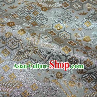 Japanese Traditional Cranes Pattern Design Brocade Nishijin Tapestry Satin Asian Kimono Grey Fabric