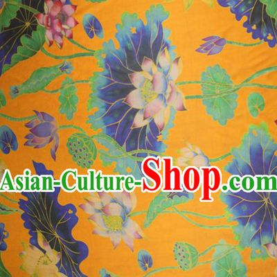 Chinese Classical Lotus Pattern Yellow Silk Drapery Traditional Gambiered Guangdong Gauze Cheongsam Satin Fabric