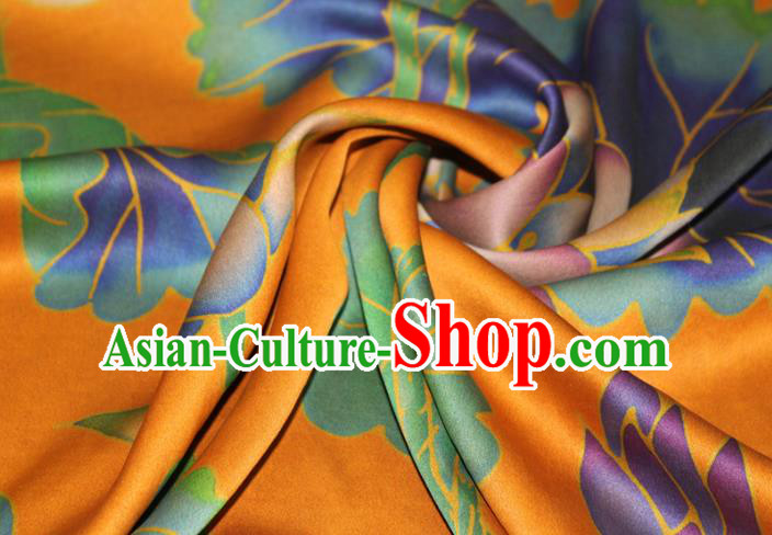 Chinese Classical Lotus Pattern Yellow Silk Drapery Traditional Gambiered Guangdong Gauze Cheongsam Satin Fabric Chinese Classical Lotus Pattern Yellow Silk Drapery Traditional Gambiered Guangdong Gauze Cheongsam Satin Fabric