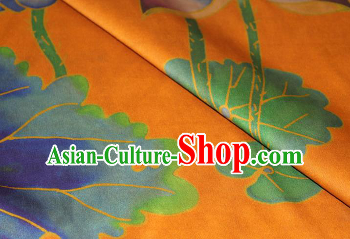 Chinese Classical Lotus Pattern Yellow Silk Drapery Traditional Gambiered Guangdong Gauze Cheongsam Satin Fabric Chinese Classical Lotus Pattern Yellow Silk Drapery Traditional Gambiered Guangdong Gauze Cheongsam Satin Fabric