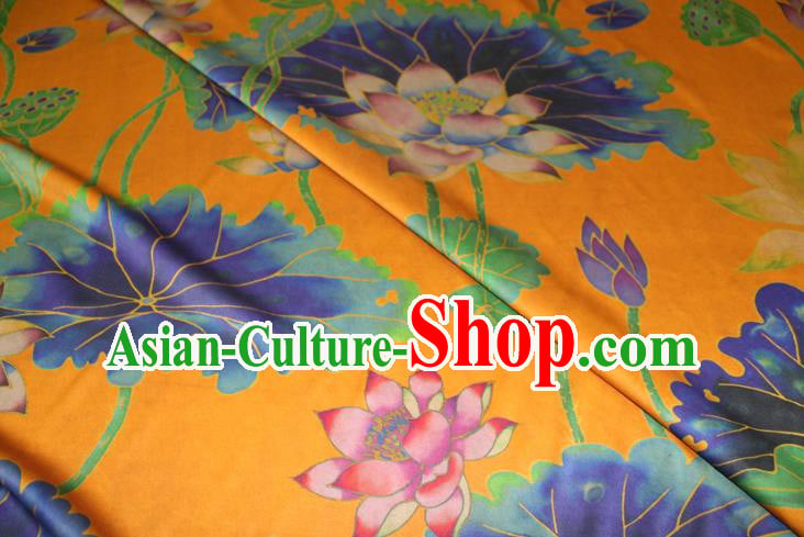 Chinese Classical Lotus Pattern Yellow Silk Drapery Traditional Gambiered Guangdong Gauze Cheongsam Satin Fabric Chinese Classical Lotus Pattern Yellow Silk Drapery Traditional Gambiered Guangdong Gauze Cheongsam Satin Fabric
