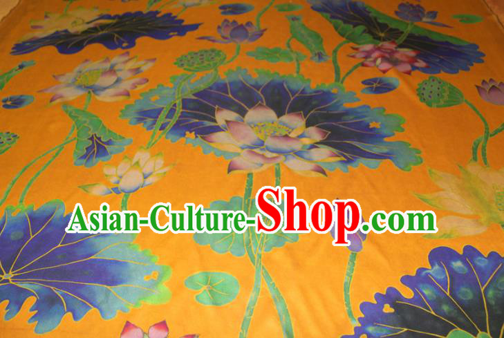 Chinese Classical Lotus Pattern Yellow Silk Drapery Traditional Gambiered Guangdong Gauze Cheongsam Satin Fabric Chinese Classical Lotus Pattern Yellow Silk Drapery Traditional Gambiered Guangdong Gauze Cheongsam Satin Fabric