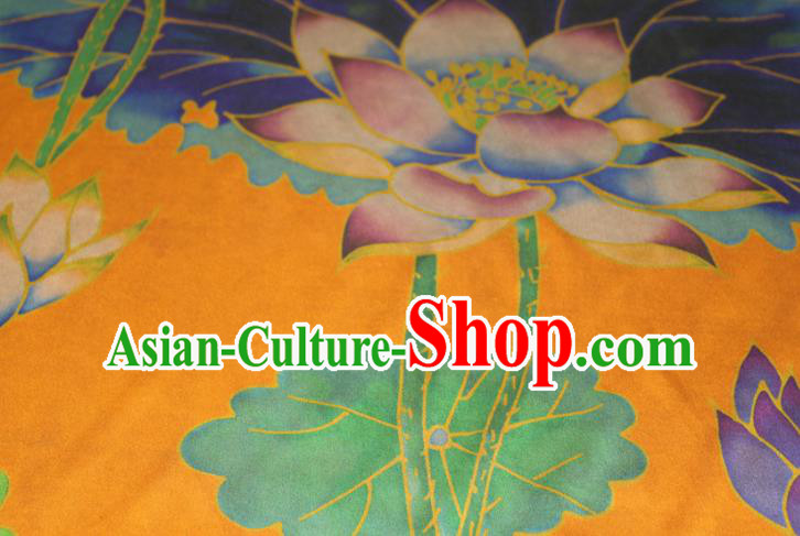 Chinese Classical Lotus Pattern Yellow Silk Drapery Traditional Gambiered Guangdong Gauze Cheongsam Satin Fabric Chinese Classical Lotus Pattern Yellow Silk Drapery Traditional Gambiered Guangdong Gauze Cheongsam Satin Fabric