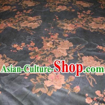 Chinese Classical Plum Peony Pattern Silk Drapery Traditional Gambiered Guangdong Gauze Cheongsam Black Satin Fabric