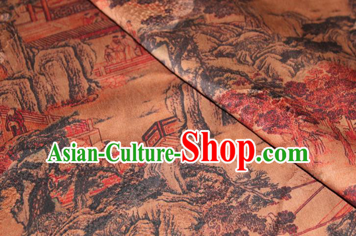 Chinese Classical Landscape Pattern Silk Drapery Traditional Gambiered Guangdong Gauze Cheongsam Ginger Satin Fabric Chinese Classical Landscape Pattern Silk Drapery Traditional Gambiered Guangdong Gauze Cheongsam Ginger Satin Fabric