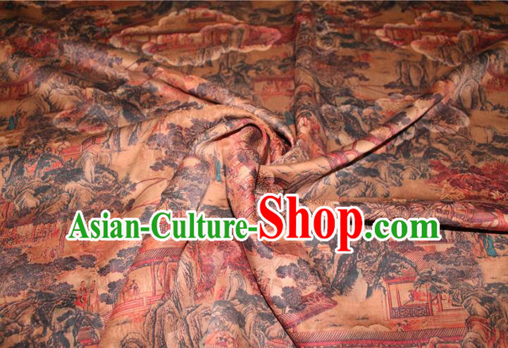 Chinese Classical Landscape Pattern Silk Drapery Traditional Gambiered Guangdong Gauze Cheongsam Ginger Satin Fabric Chinese Classical Landscape Pattern Silk Drapery Traditional Gambiered Guangdong Gauze Cheongsam Ginger Satin Fabric