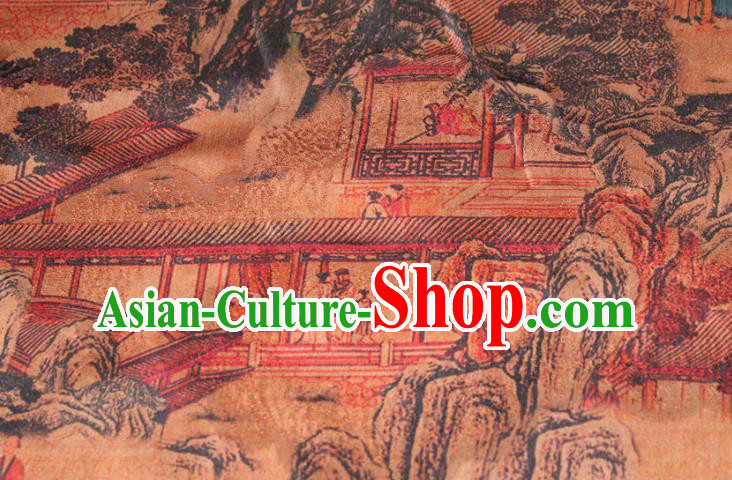 Chinese Classical Landscape Pattern Silk Drapery Traditional Gambiered Guangdong Gauze Cheongsam Ginger Satin Fabric Chinese Classical Landscape Pattern Silk Drapery Traditional Gambiered Guangdong Gauze Cheongsam Ginger Satin Fabric