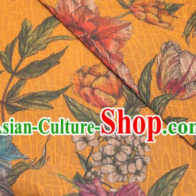Chinese Classical Flowers Pattern Silk Drapery Traditional Gambiered Guangdong Gauze Cheongsam Yellow Satin Fabric