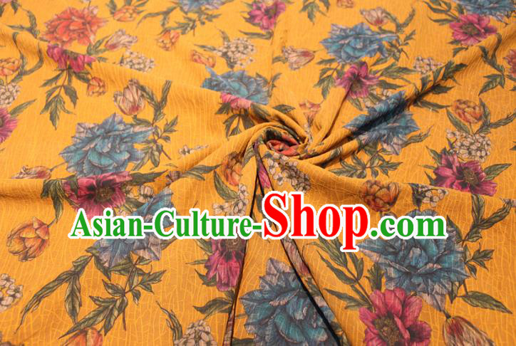 Chinese Classical Flowers Pattern Silk Drapery Traditional Gambiered Guangdong Gauze Cheongsam Yellow Satin Fabric Chinese Classical Flowers Pattern Silk Drapery Traditional Gambiered Guangdong Gauze Cheongsam Yellow Satin Fabric