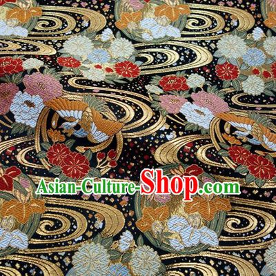 Asian Traditional Sakura Pattern Design Black Brocade Japanese Kimono Cloth Fabric Nishijin Tapestry Satin