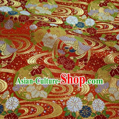 Asian Nishijin Tapestry Satin Traditional Sakura Phoenix Pattern Design Red Brocade Japanese Kimono Cloth Fabric