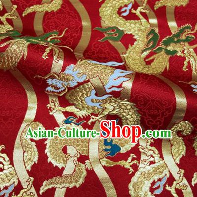 Asian Japanese Nishijin Tapestry Satin Kimono Cloth Fabric Traditional Dragon Pattern Design Red Brocade